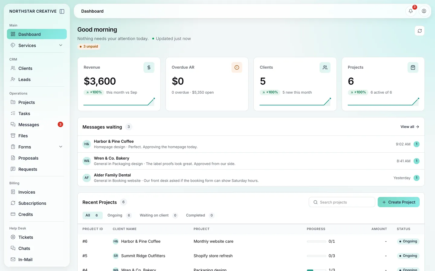 Tayvo product demo on demo data: the studio dashboard on desktop, a client message thread on phones