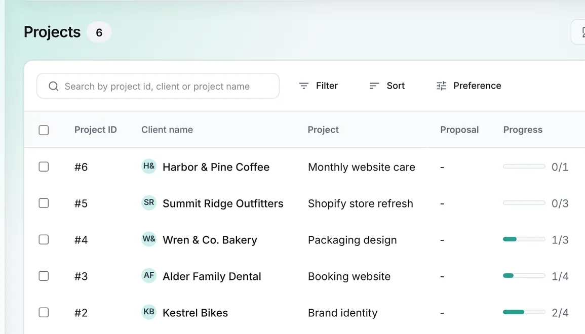 Studio Projects list with 6 demo projects, each with its client name