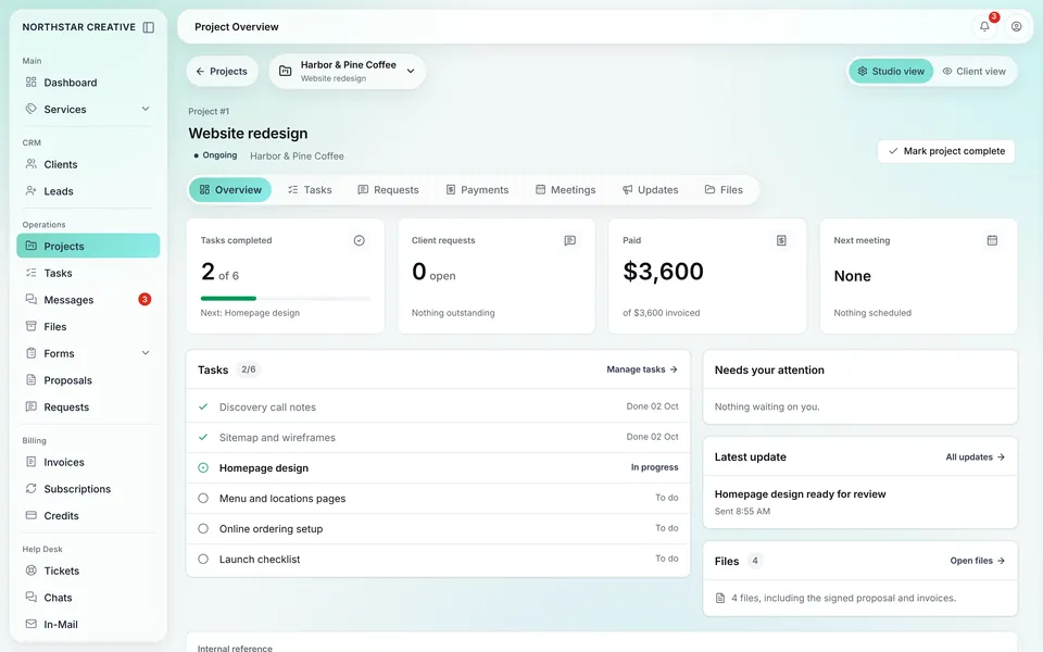 Website redesign project overview with 2 of 6 tasks completed