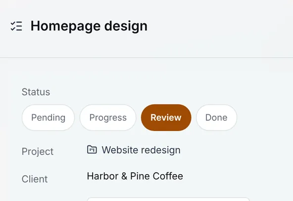 Task drawer for Homepage design with the status set to Review