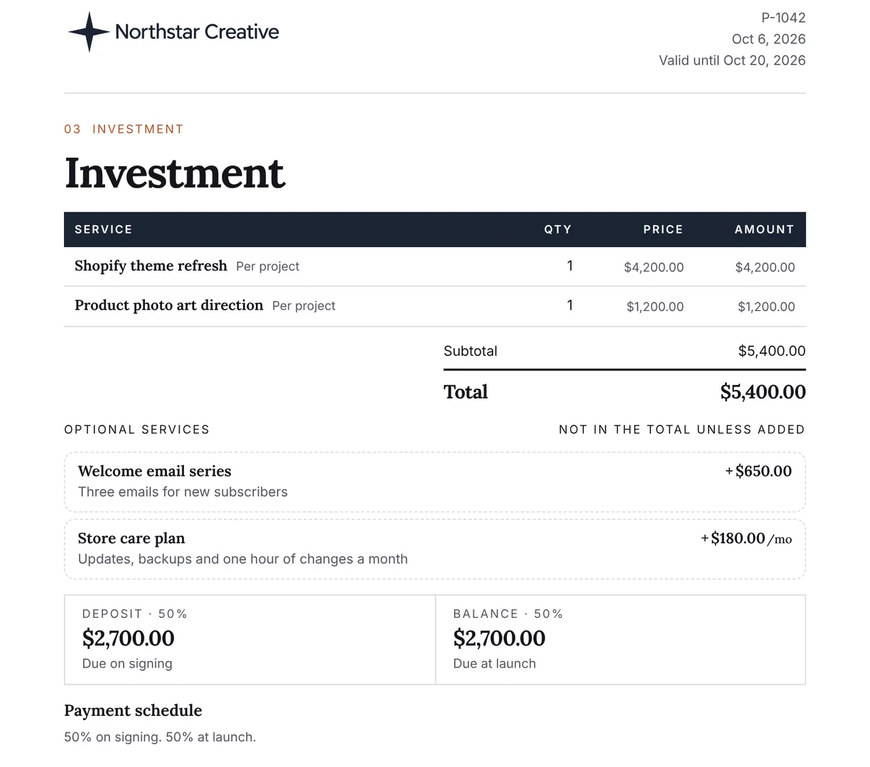 Proposal investment page with two services, two optional services and a 50% deposit