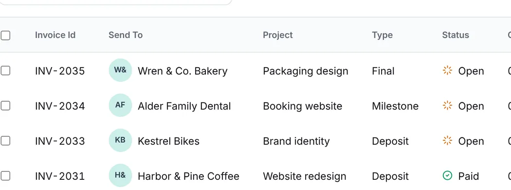 Studio invoices list by project and status: three open, one paid