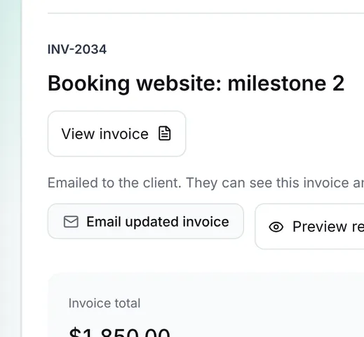 Open invoice INV-2034 for $1,850 with buttons to view, email the update and preview