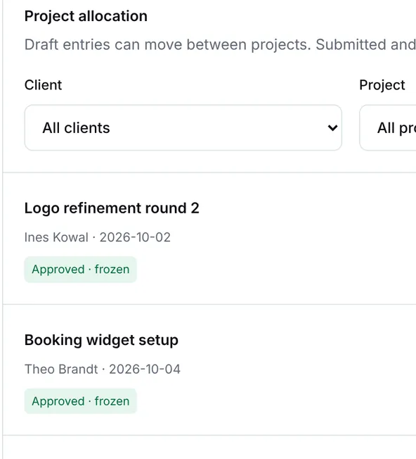 Timesheet entries marked Approved and frozen