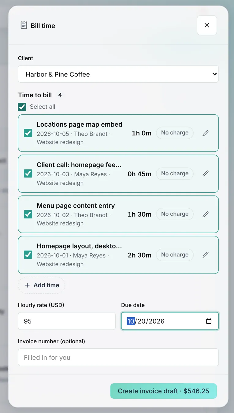 Bill time drawer with four time entries ticked for one client
