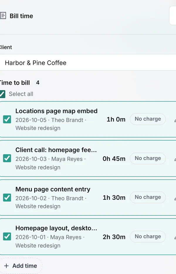 Bill time drawer with four time entries ticked for one client