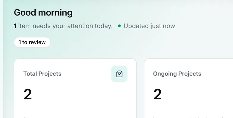 Client portal home greeting with 1 item to review and a count of 2 projects