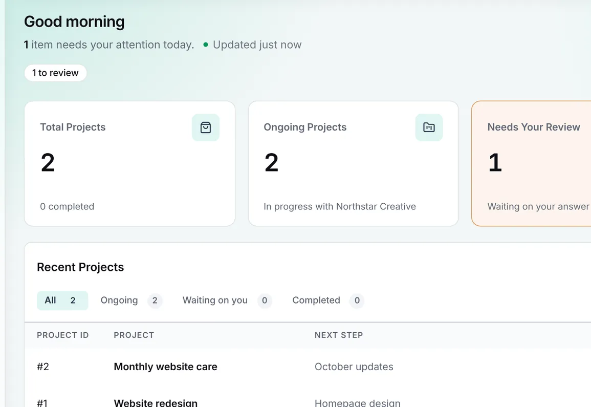 Client portal home in the default Tayvo color set
