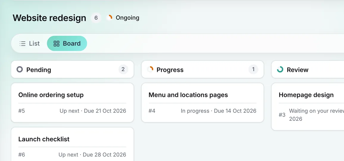 Client project board for Website redesign with tasks grouped by status