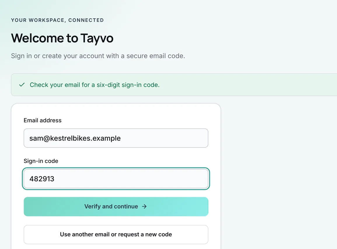 Sign-in screen with an email address and a 6-digit code typed in