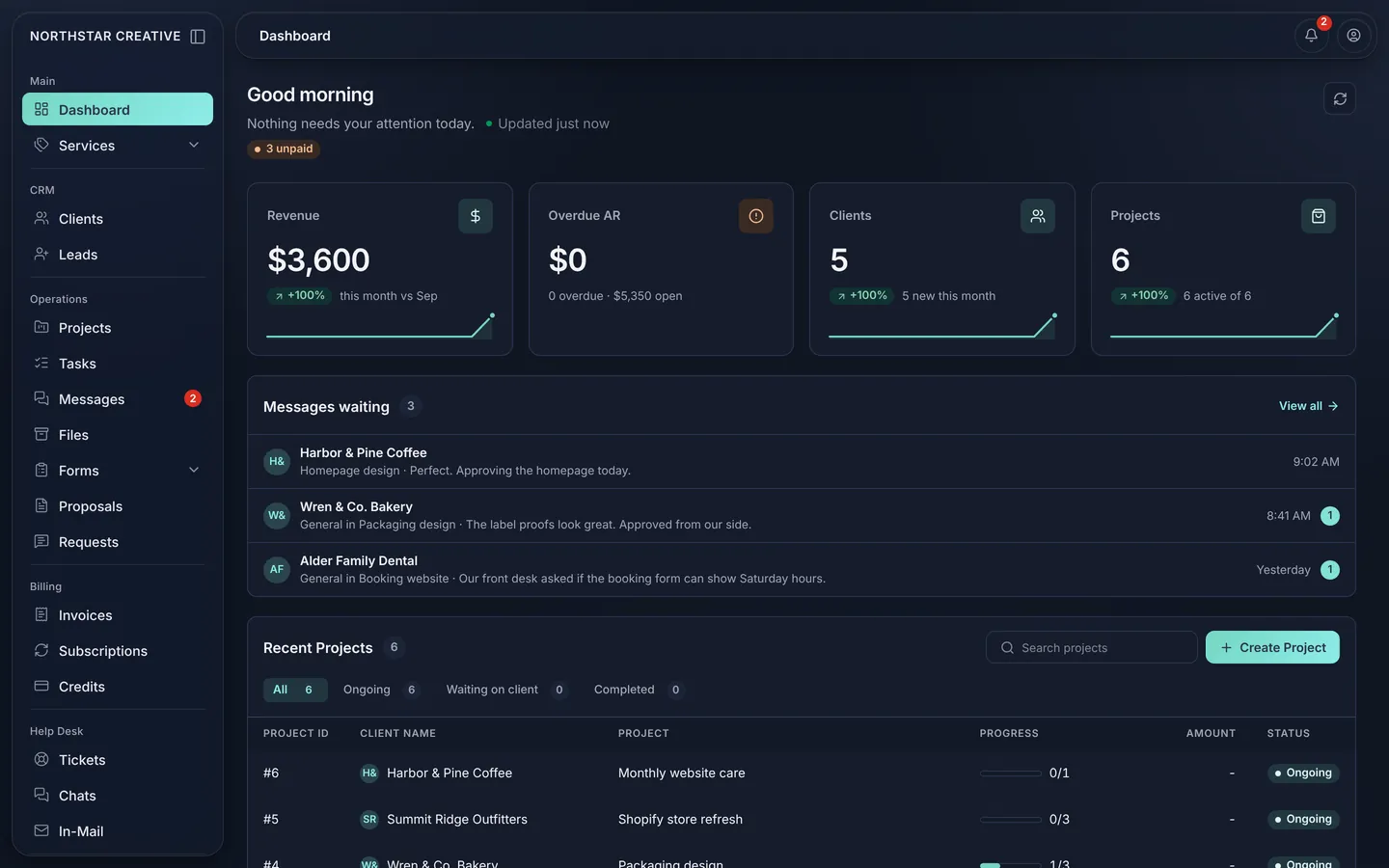 Studio dashboard in the dark theme with revenue and overdue balance cards