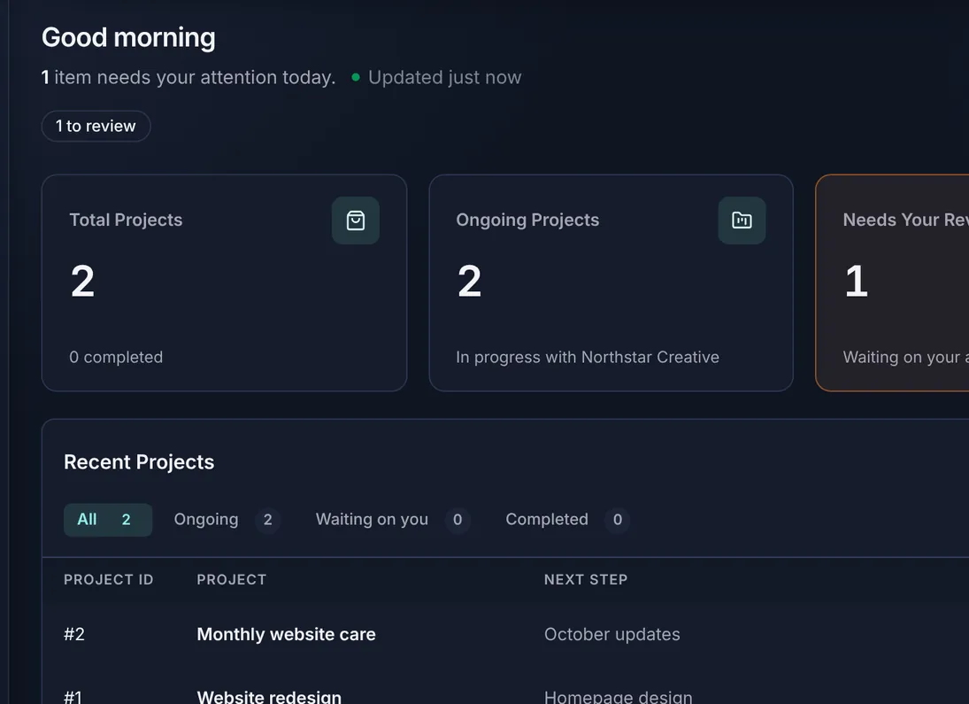 Client portal home in the dark theme with 1 item to review