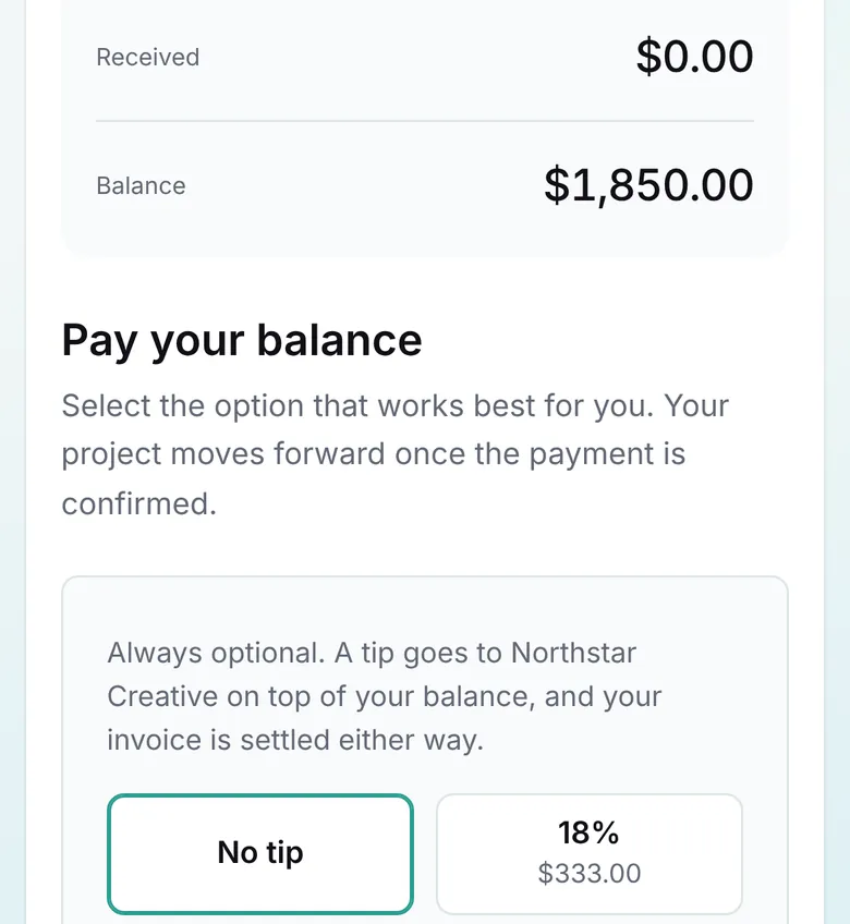 Phone view of an invoice with a $1,850 balance and tip choices