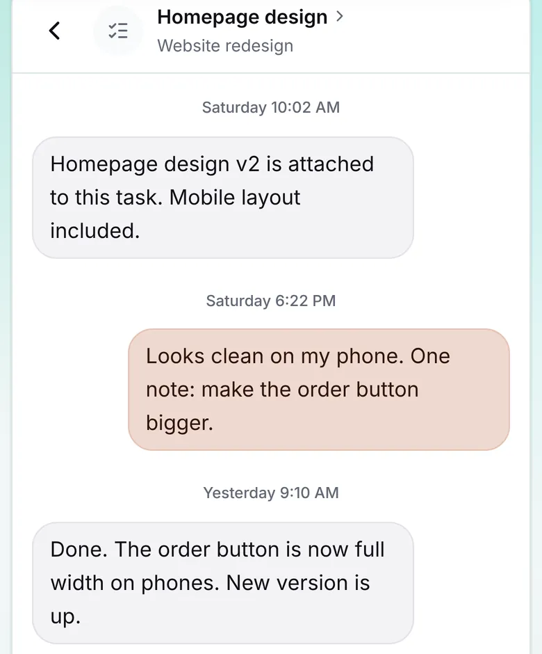 Phone view of a task thread with three messages between the studio and its client
