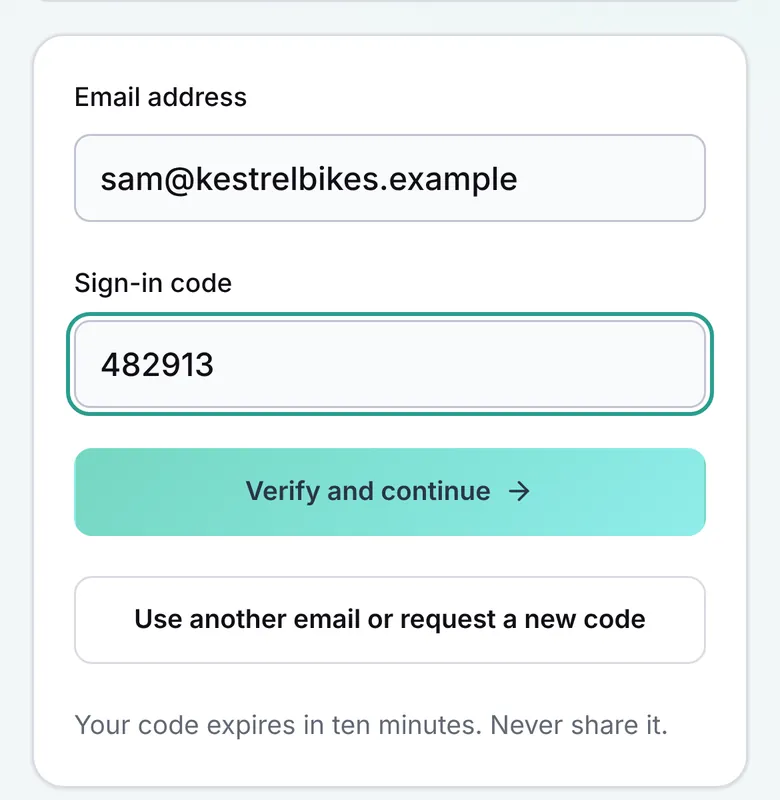 Sign-in code step on a phone with a 6-digit code typed in