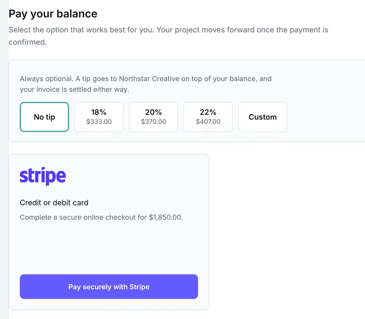 Invoice payment options: tip choices and a Stripe card checkout for $1,850