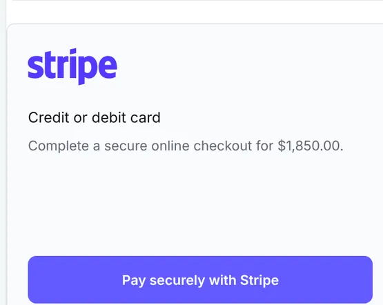 Card checkout for a $1,850 invoice with a Pay securely with Stripe button
