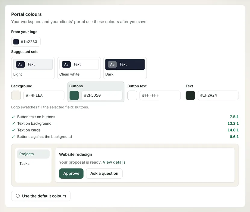 Brand kit with background and button colors set and contrast checks passing